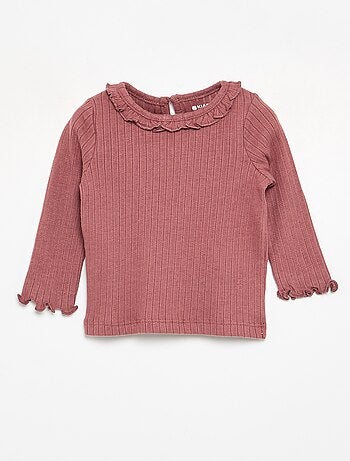 Geribbeld T-shirt met ruches aan de mouwen en kraag