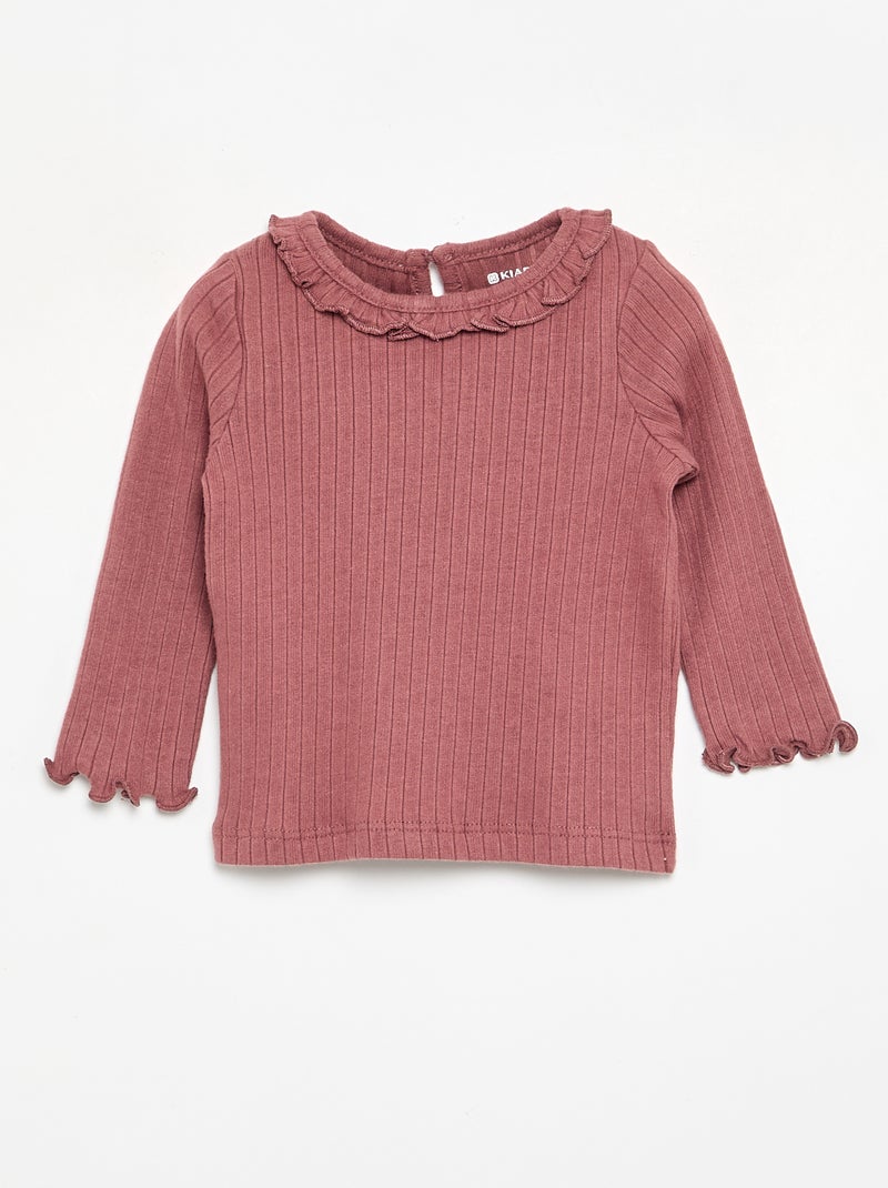 Geribbeld T-shirt met ruches aan de mouwen en kraag Rose - Kiabi