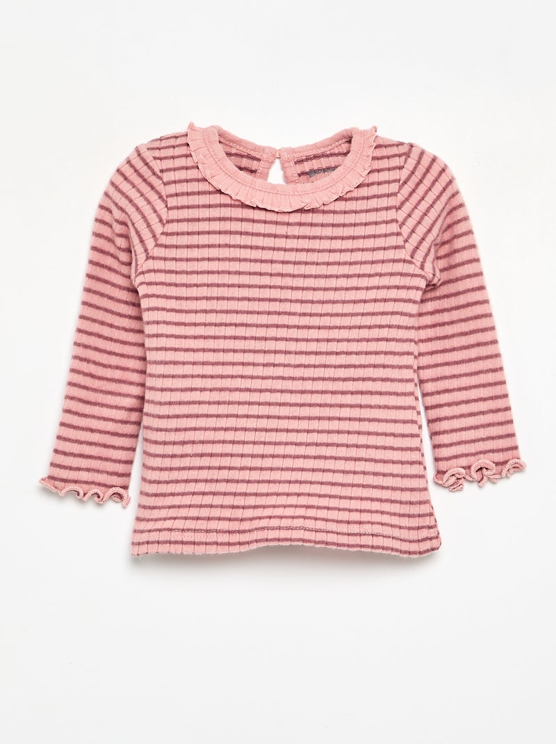 Geribbeld T-shirt met ruches aan de mouwen en kraag Rose - Kiabi