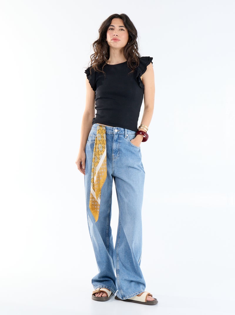 Geribbeld T-shirt met volantmouwen Zwart - Kiabi