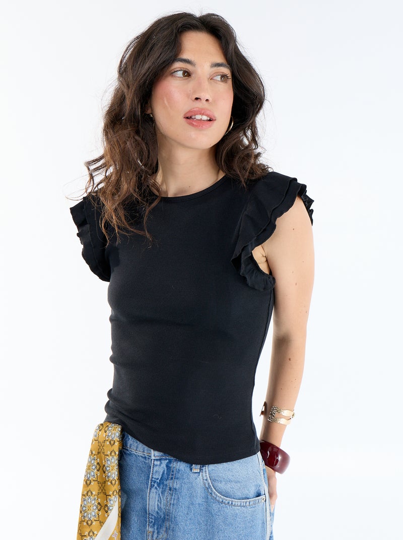 Geribbeld T-shirt met volantmouwen Zwart - Kiabi