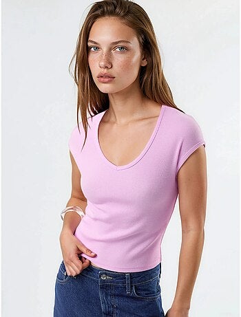Geribbelde blouse met v-hals busem