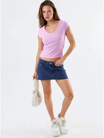 Geribbelde blouse met v-hals busem