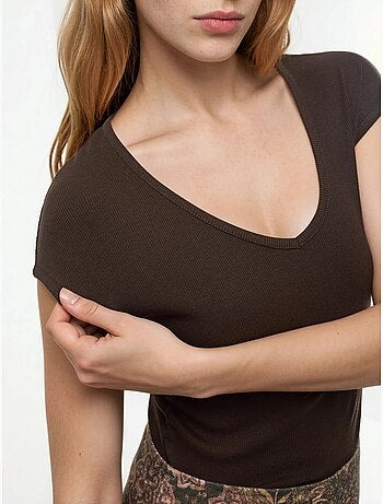 Geribbelde blouse met v-hals busem