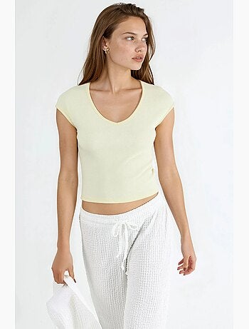 Geribbelde blouse met v-hals busem