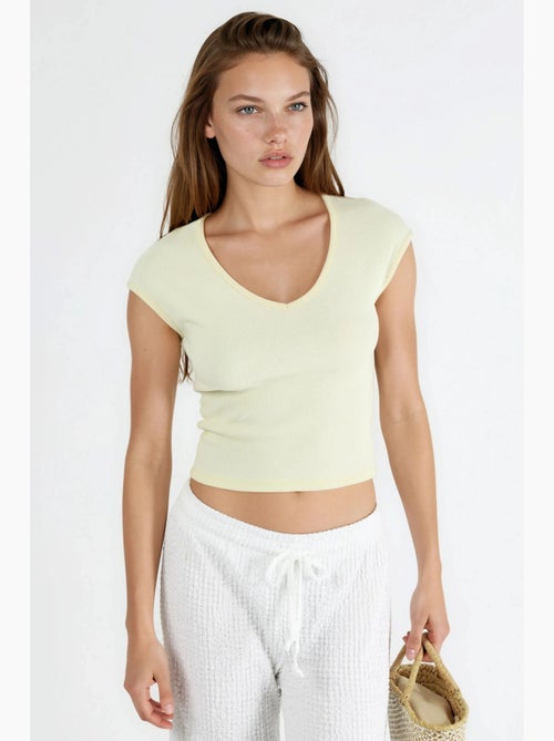 Geribbelde blouse met v-hals busem - Kiabi