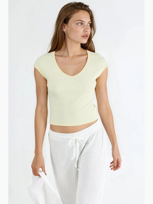 Geribbelde blouse met v-hals busem - Kiabi