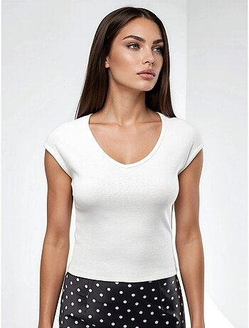 Geribbelde blouse met v-hals busem