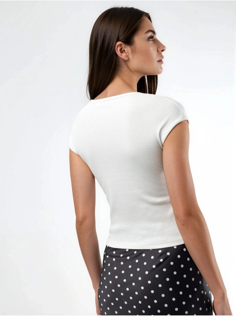 Geribbelde blouse met v-hals busem Wit - Kiabi