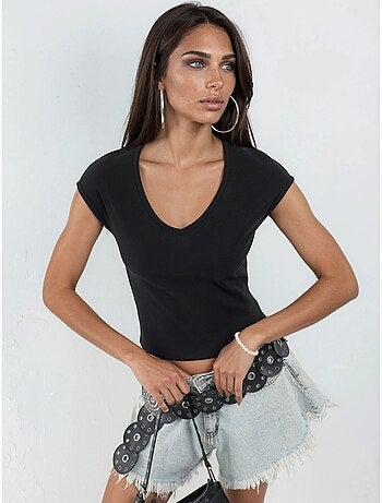 Geribbelde blouse met v-hals busem