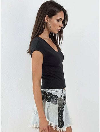 Geribbelde blouse met v-hals busem