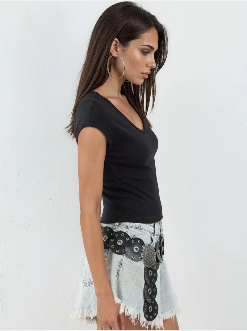 Geribbelde blouse met v-hals busem Zwart - Kiabi