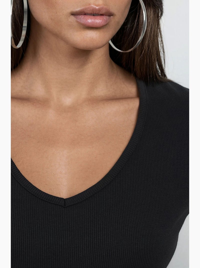 Geribbelde blouse met v-hals busem Zwart - Kiabi