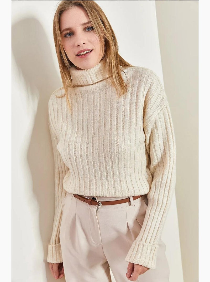 Geribbelde coltrui cropped trui lucci Klei-beige - Kiabi
