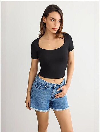 Geribbelde cropped blouse met ronde hals hiccup