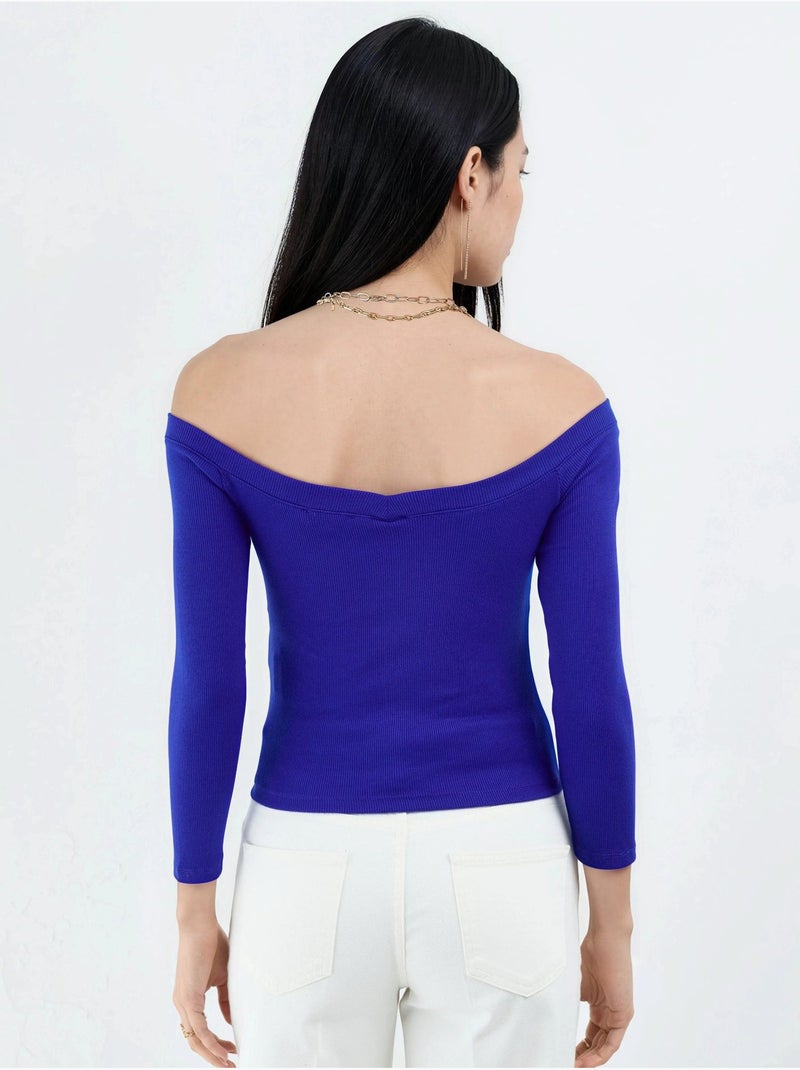 Geribbelde croptop blouse met slim fit busem Electrisch blauw - Kiabi