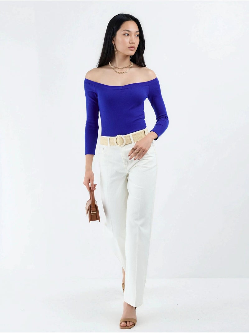 Geribbelde croptop blouse met slim fit busem Electrisch blauw - Kiabi