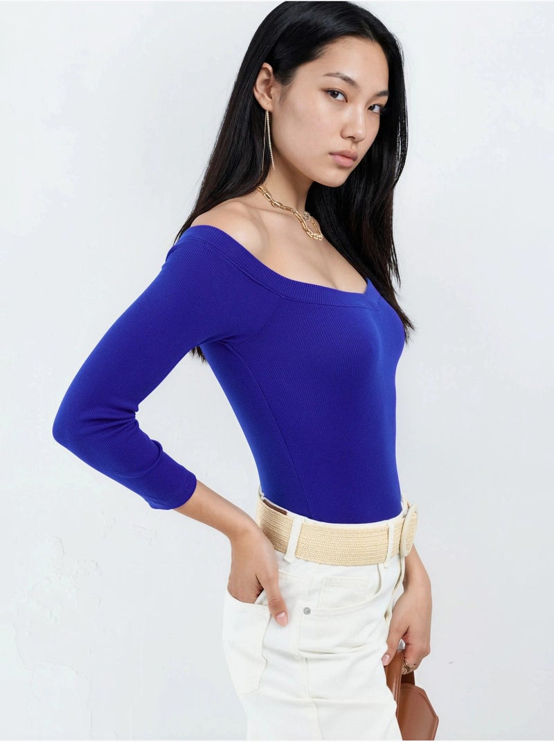 Geribbelde croptop blouse met slim fit busem Electrisch blauw - Kiabi