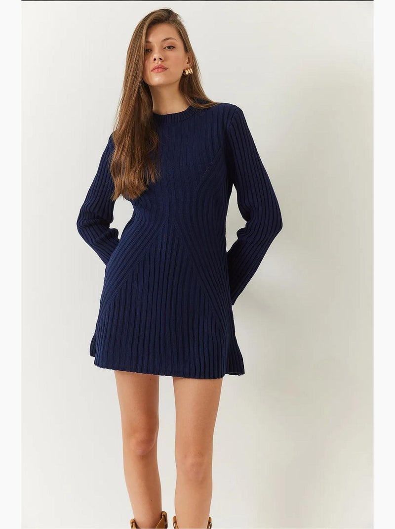 Geribbelde gebreide jurk met ronde hals lucci Marineblauw - Kiabi