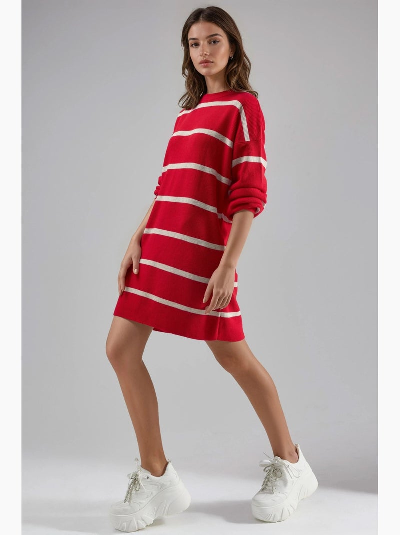 Geribbelde gestreepte gebreide mini-jurk met ronde hals my fashion Rood - Kiabi