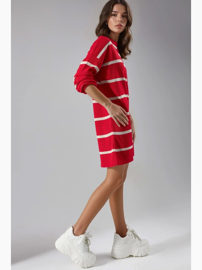 Geribbelde gestreepte gebreide mini-jurk met ronde hals my fashion Rood - Kiabi