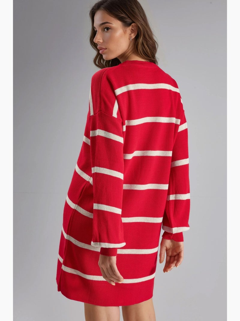 Geribbelde gestreepte gebreide mini-jurk met ronde hals my fashion Rood - Kiabi