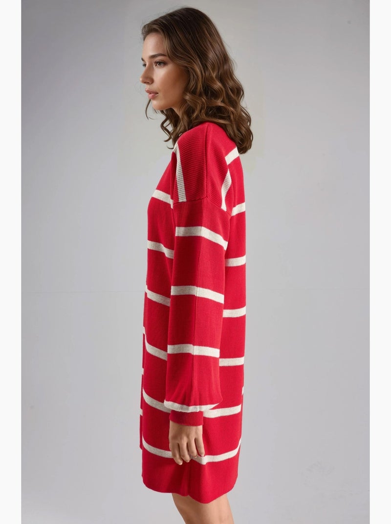 Geribbelde gestreepte gebreide mini-jurk met ronde hals my fashion Rood - Kiabi