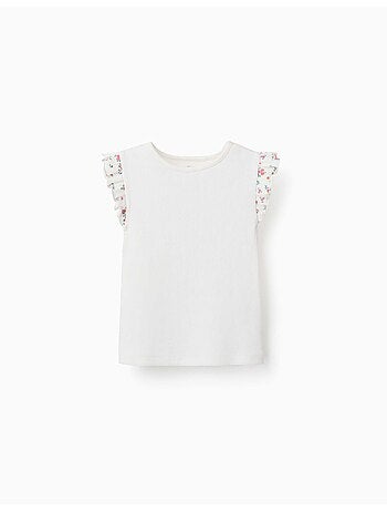 Geribbelde katoenen T-shirt met geruffelde mouwen