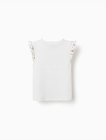 Geribbelde katoenen T-shirt met geruffelde mouwen