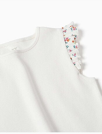 Geribbelde katoenen T-shirt met geruffelde mouwen