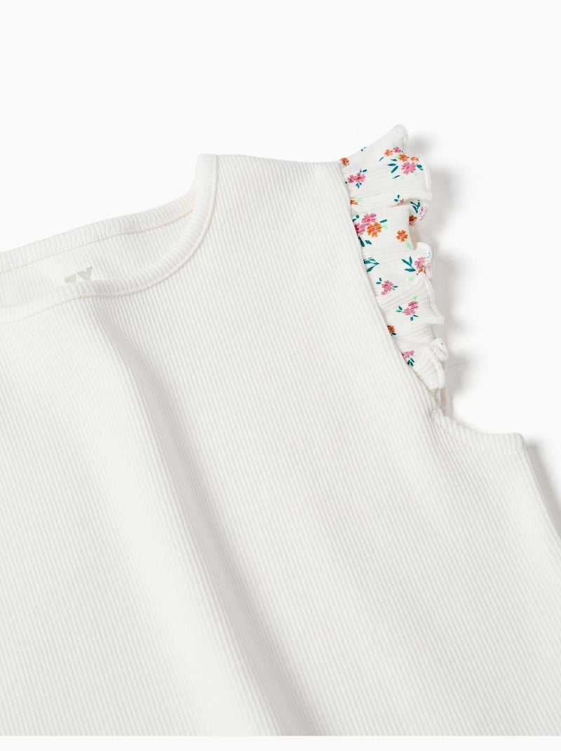Geribbelde katoenen T-shirt met geruffelde mouwen Lichtbeige - Kiabi