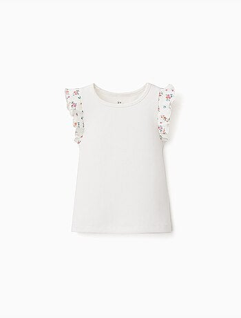 Geribbelde katoenen t-shirt met geruffelde mouwen