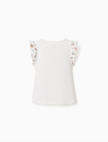 Geribbelde katoenen t-shirt met geruffelde mouwen