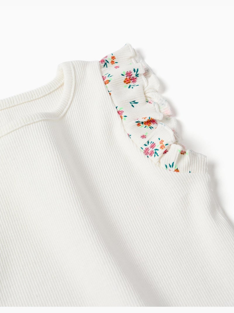 Geribbelde katoenen T-shirt met geruffelde mouwen Lichtbeige - Kiabi