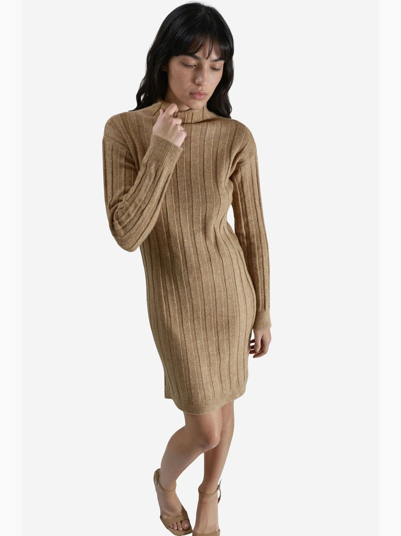 Geribbelde mini gebreide jurk met col my fashion Camel - Kiabi