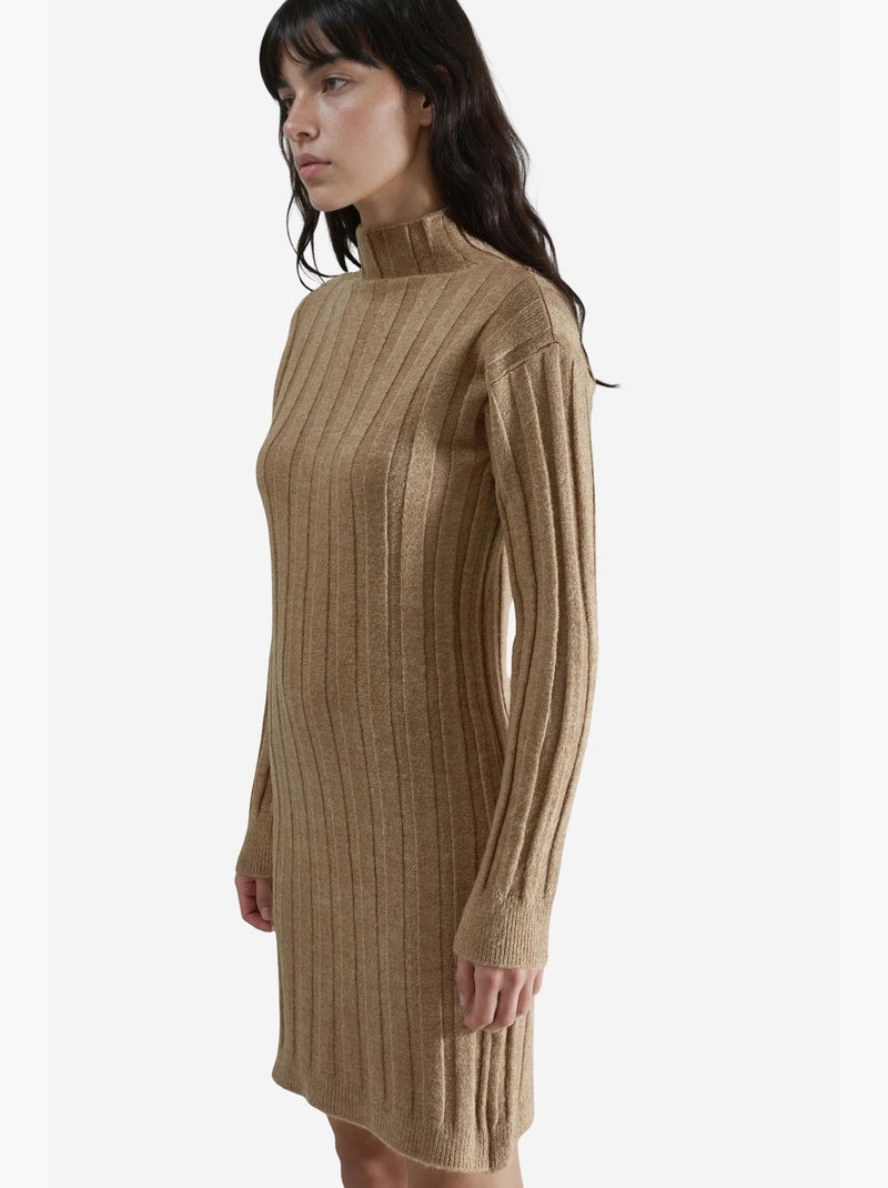 Geribbelde mini gebreide jurk met col my fashion Camel - Kiabi