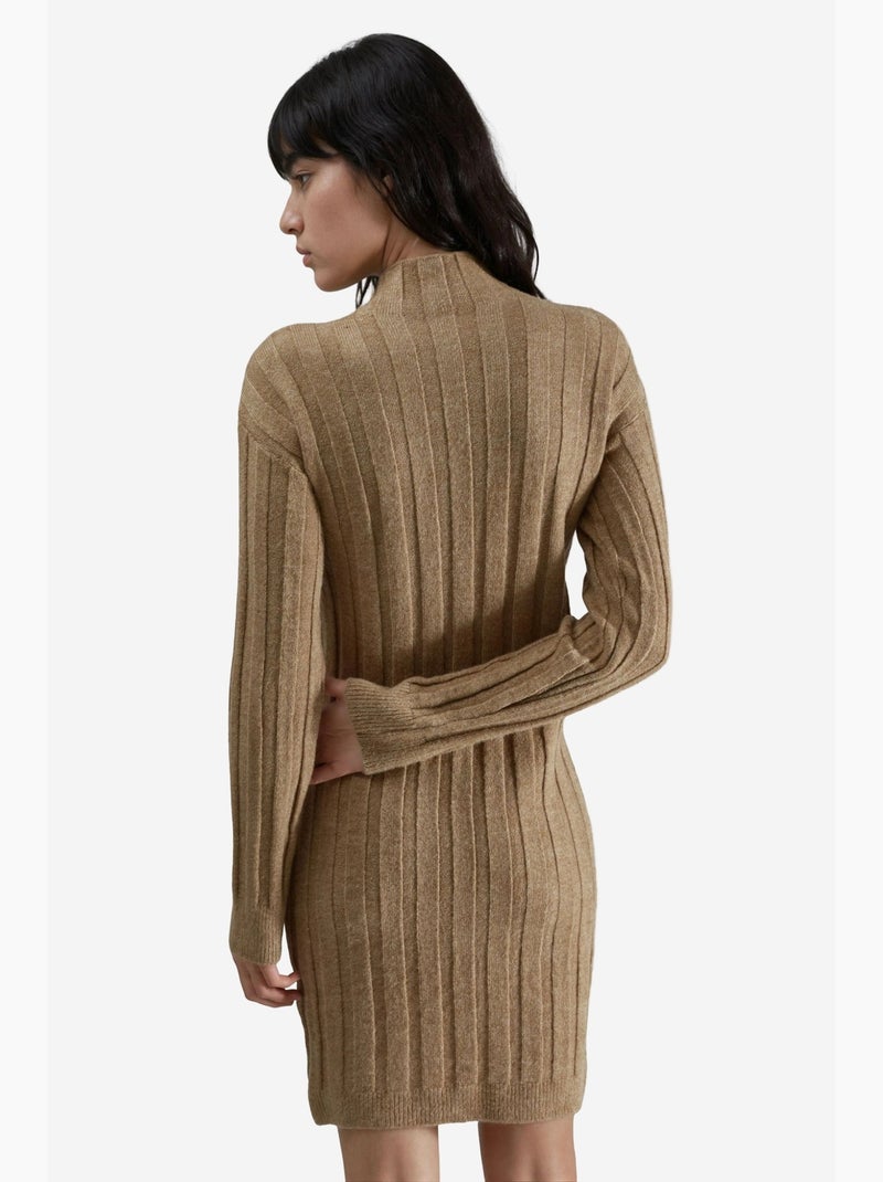 Geribbelde mini gebreide jurk met col my fashion Camel - Kiabi
