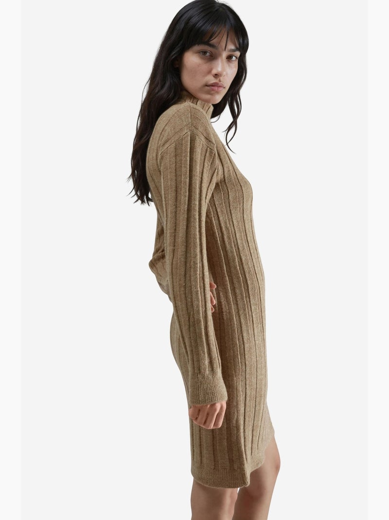 Geribbelde mini gebreide jurk met col my fashion Camel - Kiabi