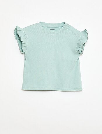 Geribbelde T-shirt met korte, geplooide mouwen