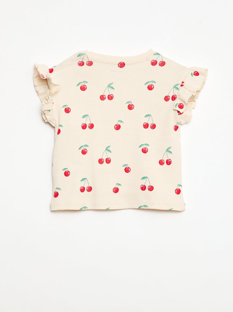 Geribbelde T-shirt met korte, geplooide mouwen Wit - Kiabi