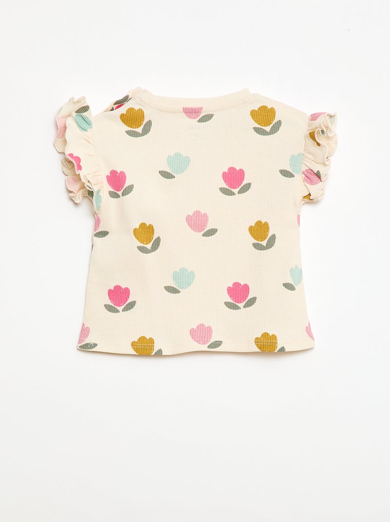 Geribbelde T-shirt met korte, geplooide mouwen Wit - Kiabi