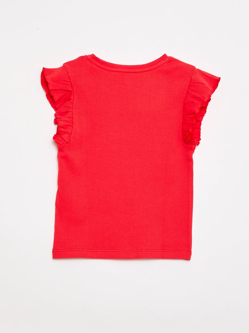 Geribbelde T-shirt met volanmouwen Rood - Kiabi