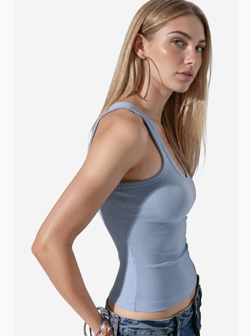 Geribbelde tanktop met v-hals busem Hemelsblauw - Kiabi