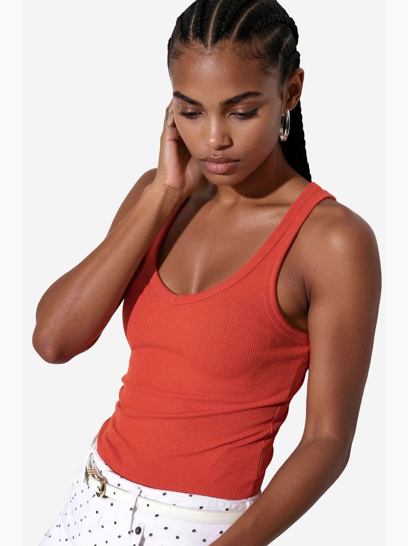 Geribbelde tanktop met v-hals busem Oranje - Kiabi