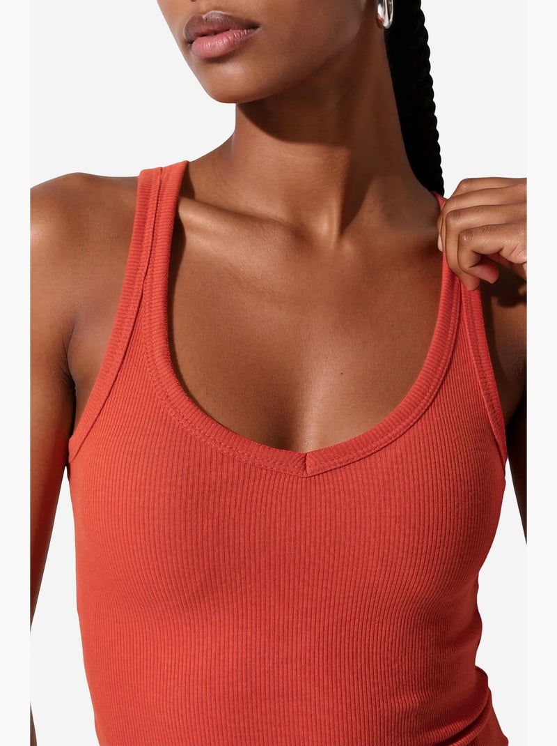 Geribbelde tanktop met v-hals busem Oranje - Kiabi