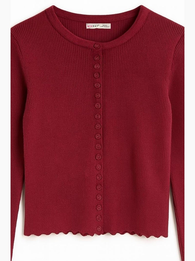 Geribd gebreid vest met knopen mixray Bordeauxrood - Kiabi