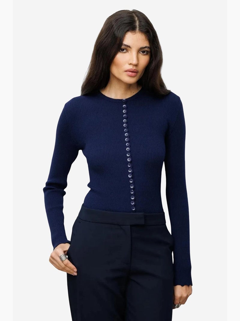 Geribd gebreid vest met knopen mixray Marineblauw - Kiabi