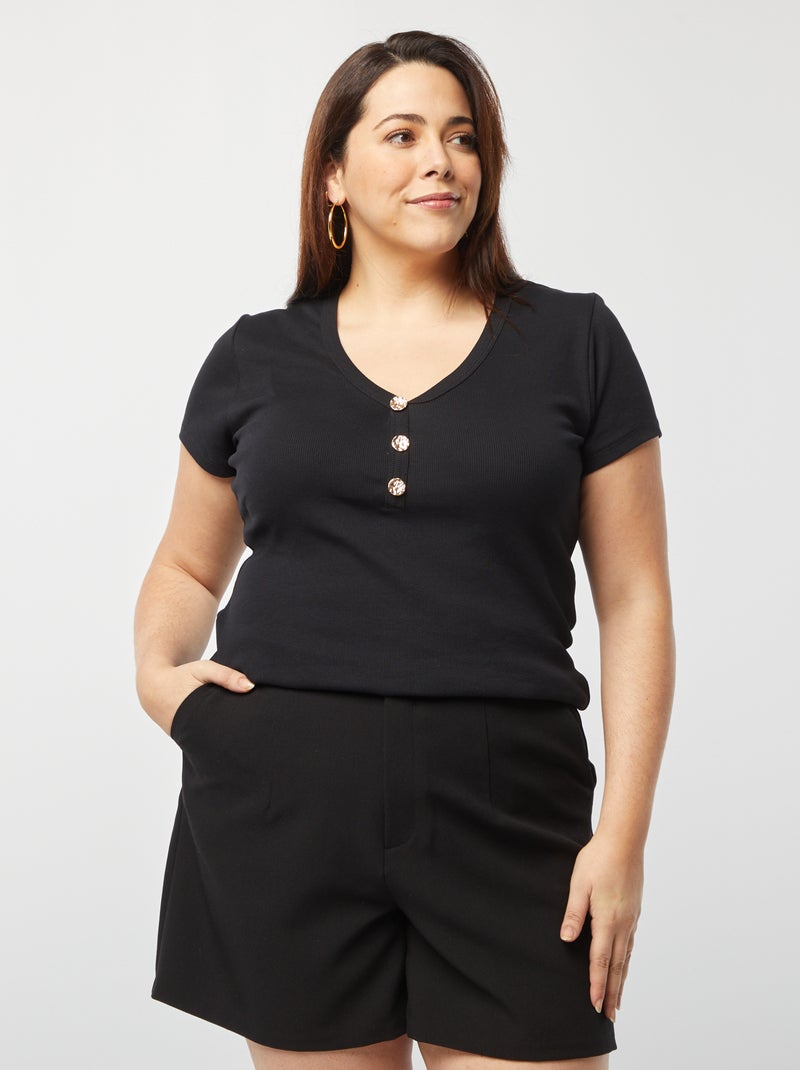 Geribd T-shirt met geknoopte hals zwart - Kiabi