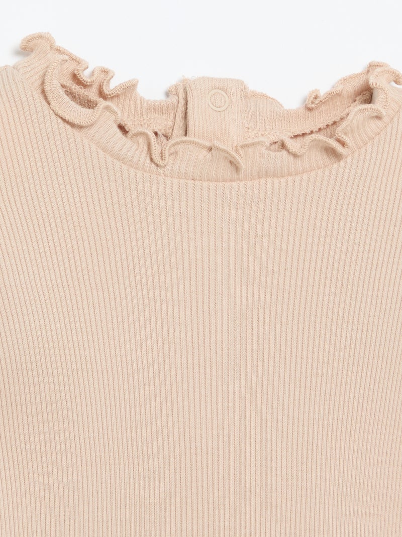 Geribd T-shirt met golvend kraagje Biege - Kiabi