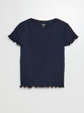 Geribd T-shirt met golvende boordjes BLAUW - Kiabi